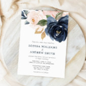 Navy Blue & Blush Pink Floral Wedding Invitation Kaart