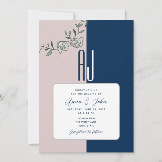 Navy Blue Blush Pink Floral Wedding Invitation Kaart (Voorkant)