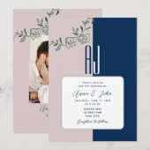 Navy Blue Blush Pink Floral Wedding Invitation Kaart (Voorkant / Achterkant)