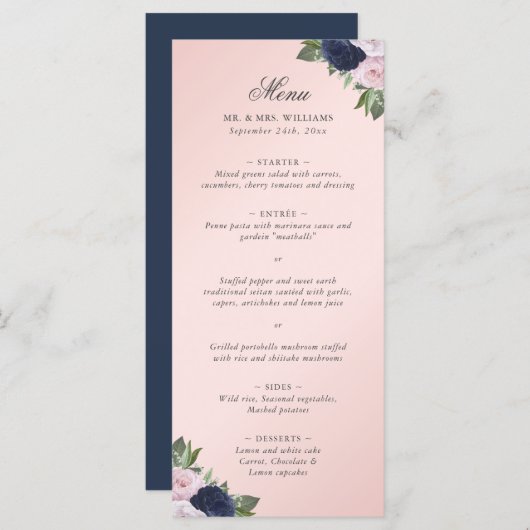 Navy Blue Blush Pink Floral Wedding Menu (Voorkant / Achterkant)