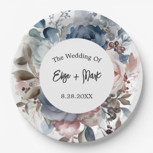 Navy Blue Blush Pink Floral Wedding Papieren Bordje