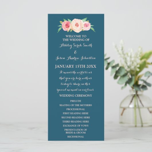 Navy Blue Blush Pink Floral Wedding Programme Programma (Staand voorkant)