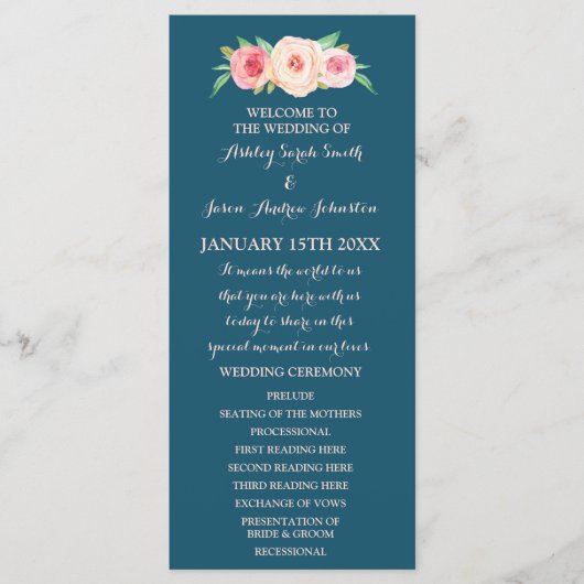 Navy Blue Blush Pink Floral Wedding Programme Programma (Voorkant)
