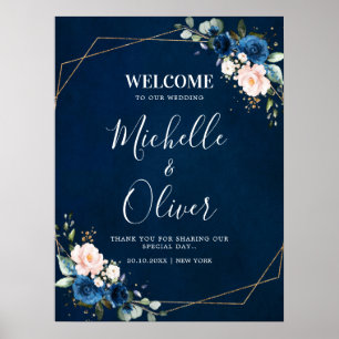 Navy Blue Blush Pink Florals Weddenschap Welkom Poster