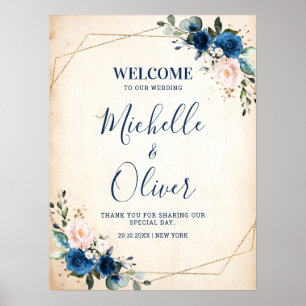 Navy Blue Blush Pink Florals Weddenschap Welkom Poster