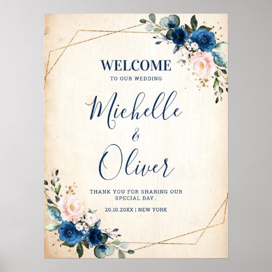 Navy Blue Blush Pink Florals Weddenschap Welkom Poster (Voorkant)