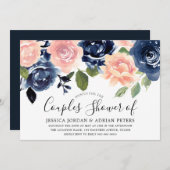 Navy Blue Blush Pink Flowers Couples Kaart (Voorkant / Achterkant)