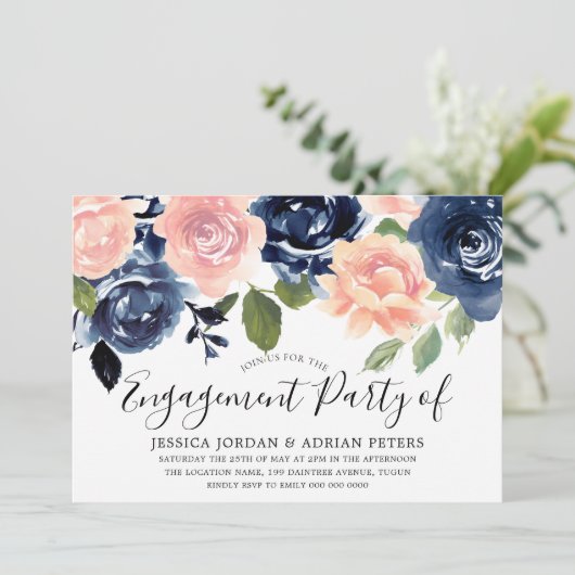 Navy Blue Blush Pink Flowers Engagement Party Kaart (Staand voorkant)