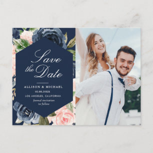 Navy Blue & Blush Pink Foto Opslaan van de datum Briefkaart