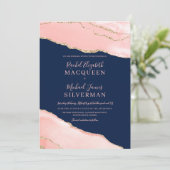 Navy Blue Blush Pink Gold Agate Marble Wedding Kaart (Staand voorkant)