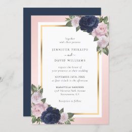 Navy Blue Blush Pink Gold Floral Weddenschap Kaart