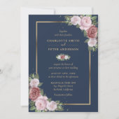 Navy Blue Blush Pink Gold Floral Weddenschap Kaart (Voorkant)