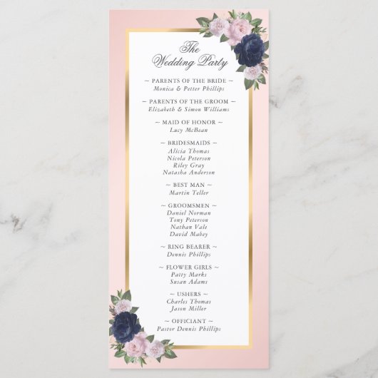 Navy Blue Blush Pink Gold Floral Weddenschap Programma (Achterkant)