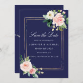 Navy Blue Blush Pink Gold Save the Date Kaart (Voorkant / Achterkant)