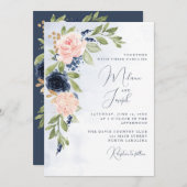 Navy Blue Blush Pink Gold Wedding Invitation Kaart (Voorkant / Achterkant)