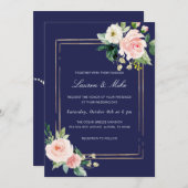 Navy Blue Blush Pink Gold Wedding Invitation Kaart (Voorkant / Achterkant)