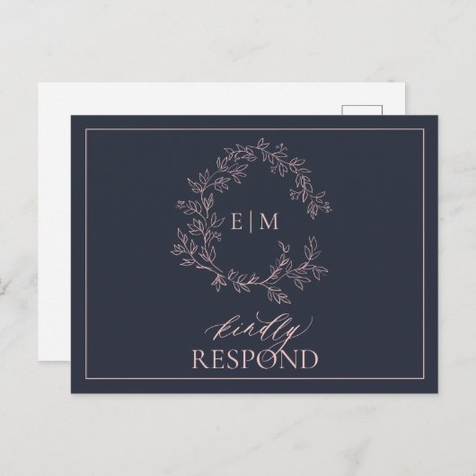 Navy Blue Blush Pink Monogram Weddenschap RSVP Uitnodiging Briefkaart (Voorkant / Achterkant)