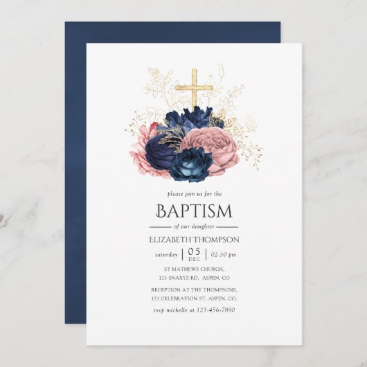 Navy Blue & Blush Pink Roos Baptisme Kaart (Voorkant / Achterkant)