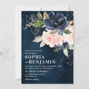 Navy Blue Blush Pink Rose Boho Geometric Wedding Kaart