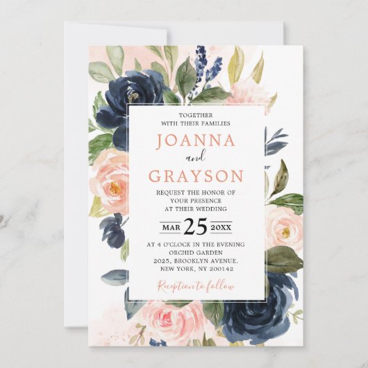 Navy Blue Blush Pink Rose Boho Geometric Wedding Kaart (Voorkant)