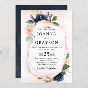 Navy Blue Blush Pink Rose Boho Geometric Wedding Kaart