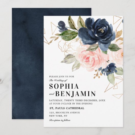 Navy Blue Blush Pink Rose Boho Geometric Wedding Kaart (Voorkant / Achterkant)