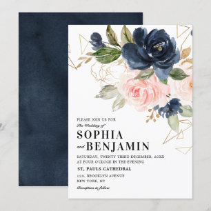 Navy Blue Blush Pink Rose Boho Geometric Wedding Kaart