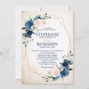 Navy Blue Blush Pink Rose Boho Geometric Wedding Kaart
