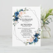 Navy Blue Blush Pink Rose Boho Geometric Wedding Kaart (Staand voorkant)
