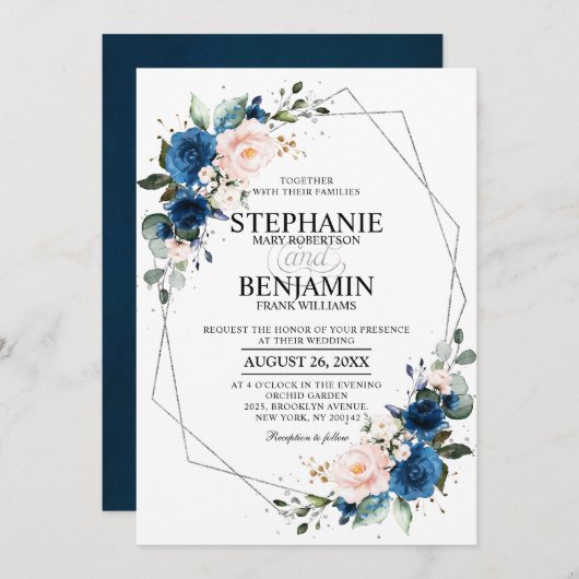 Navy Blue Blush Pink Rose Boho Geometric Wedding Kaart (Voorkant / Achterkant)