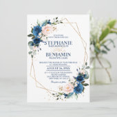 Navy Blue Blush Pink Rose Boho Geometric Wedding Kaart (Staand voorkant)