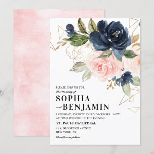 Navy Blue Blush Pink Rose Boho Geometric Wedding Kaart