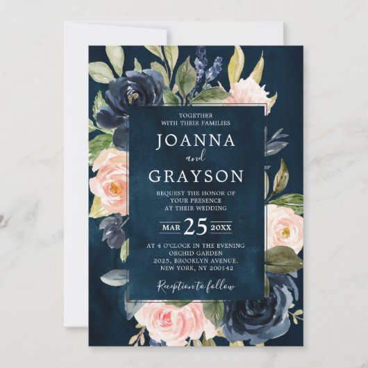 Navy Blue Blush Pink Rose Boho Geometric Wedding Kaart (Voorkant)