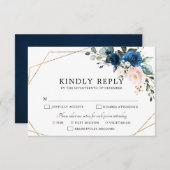 Navy Blue Blush Pink Rose Boho Geometric Wedding RSVP Kaartje (Voorkant / Achterkant)