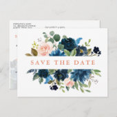 Navy Blue Blush Pink Rose Boho Save the Date Aankondigingskaart (Voorkant / Achterkant)