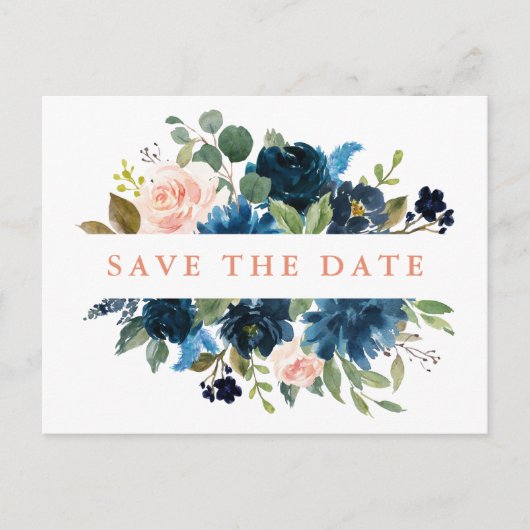 Navy Blue Blush Pink Rose Boho Save the Date Aankondigingskaart (Voorkant)