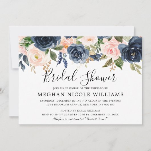 Navy Blue Blush Pink Rose Boho Vrijgezellenfeest Kaart (Voorkant)