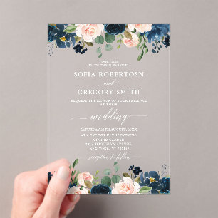 Navy Blue Blush Pink Rose Boho Wedding Acryl Uitnodigingen