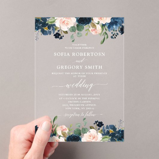 Navy Blue Blush Pink Rose Boho Wedding Acryl Uitnodigingen (Insitu (Draagbaar))