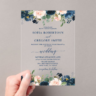 Navy Blue Blush Pink Rose Boho Wedding Acryl Uitnodigingen