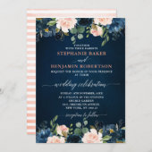 Navy Blue Blush Pink Rose Boho Wedding Invitation Kaart (Voorkant / Achterkant)