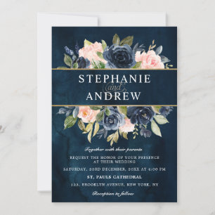Navy Blue Blush Pink Rose Boho Wedding Kaart