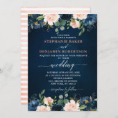 Navy Blue Blush Pink Rose Boho Wedding Kaart (Voorkant / Achterkant)