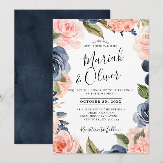 Navy Blue Blush Pink Rose Boho Wedding Kaart (Voorkant / Achterkant)