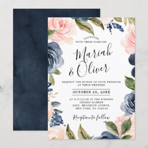 Navy Blue Blush Pink Rose Boho Wedding Kaart