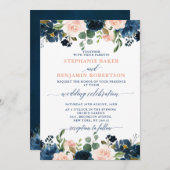 Navy Blue Blush Pink Rose Boho Wedding Kaart (Voorkant / Achterkant)