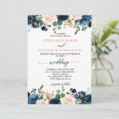 Navy Blue Blush Pink Rose Boho Wedding Kaart (Staand voorkant)