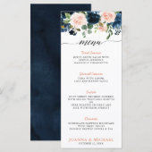 Navy Blue Blush Pink Rose Boho Wedding Menu (Voorkant / Achterkant)