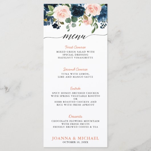 Navy Blue Blush Pink Rose Boho Wedding Menu (Voorkant)