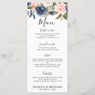 Navy Blue Blush Pink Rose Boho Wedding Menu